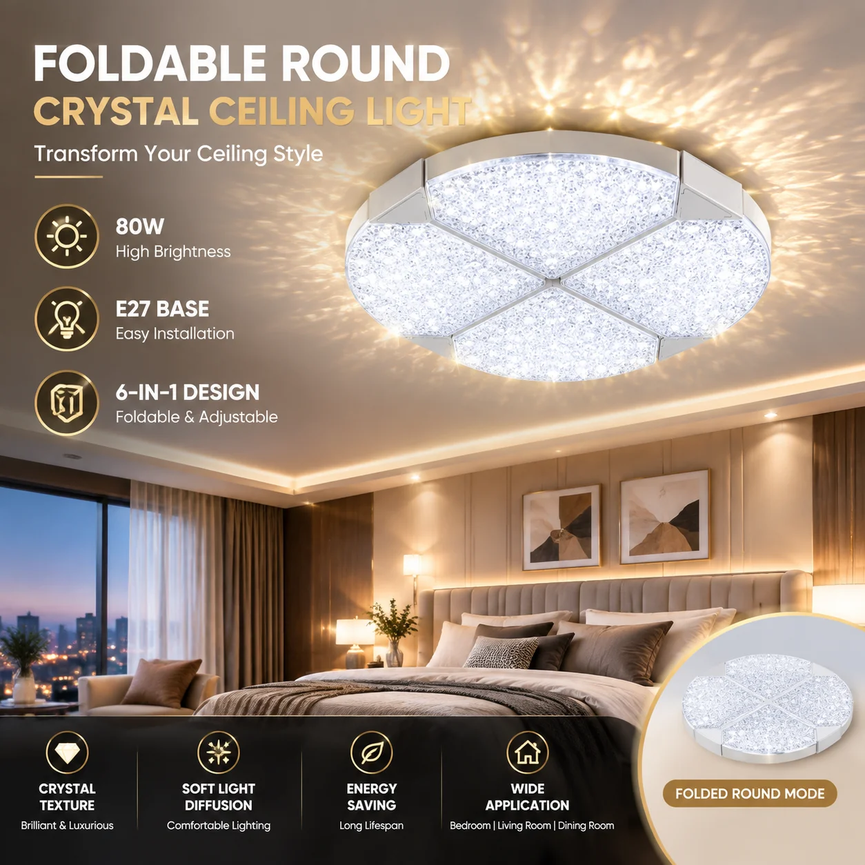 80W E27 LED Ceiling Light DIY Adjustable Shape Crystal Lamp Round Square Deformable Garage Workshop Basement Home Ceiling Light
