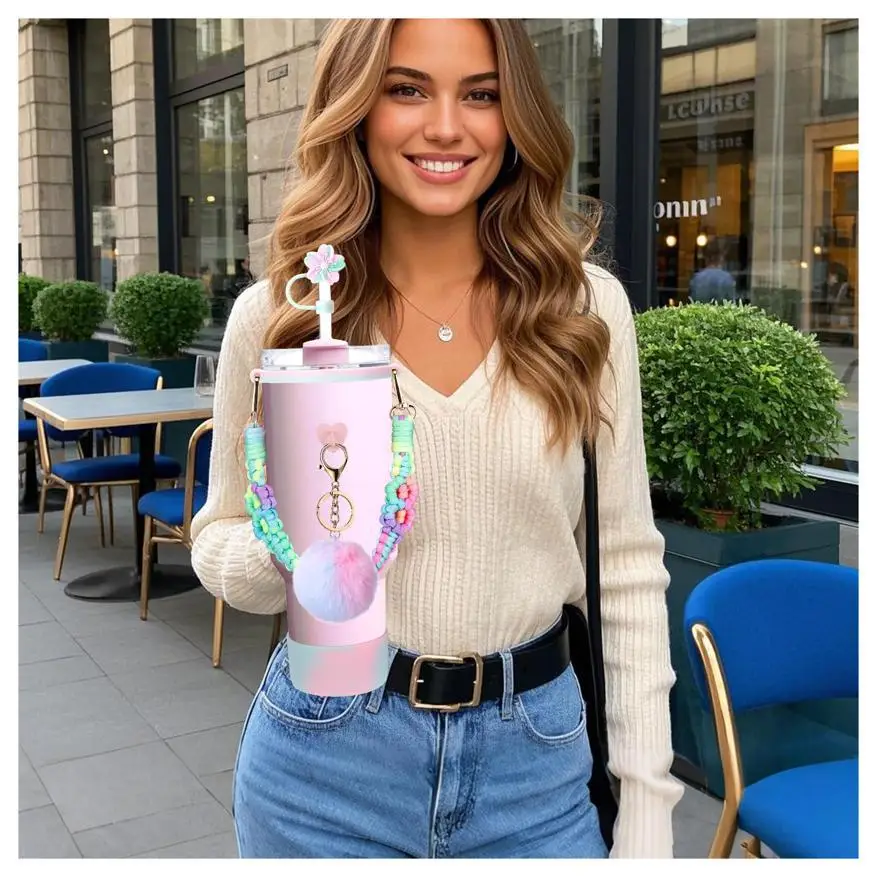 A-Z hand-made straw cap case Charm chain pendant lot Accessories Initial Keychain Handle for Stanley cup bottle Tumbler Women - view 2
