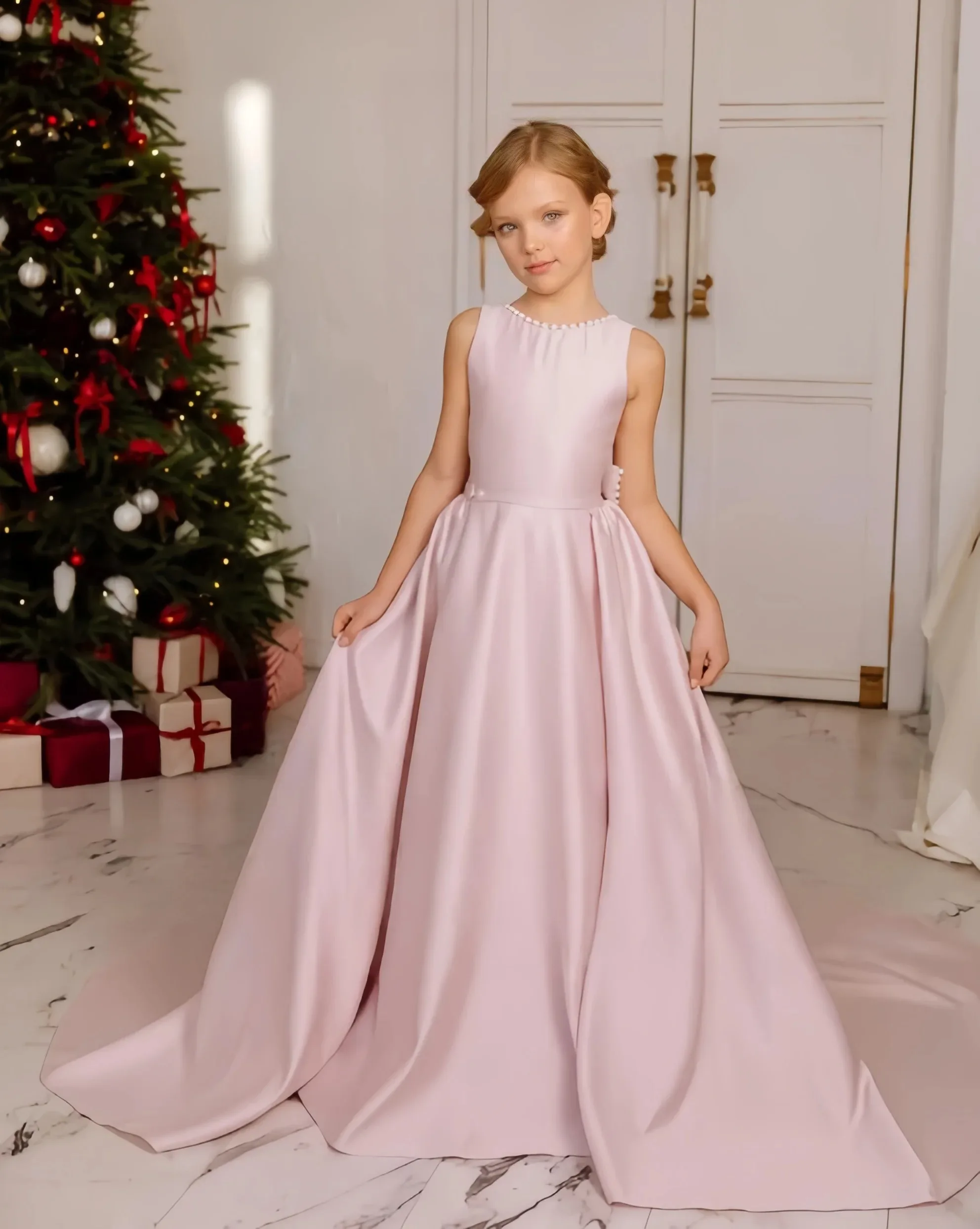 Pink Beaded Bow Sleeveless Dress Flower girl dress for Christmas Wedding  Ceremonie Birthday party Banquet Holiday Celebrations