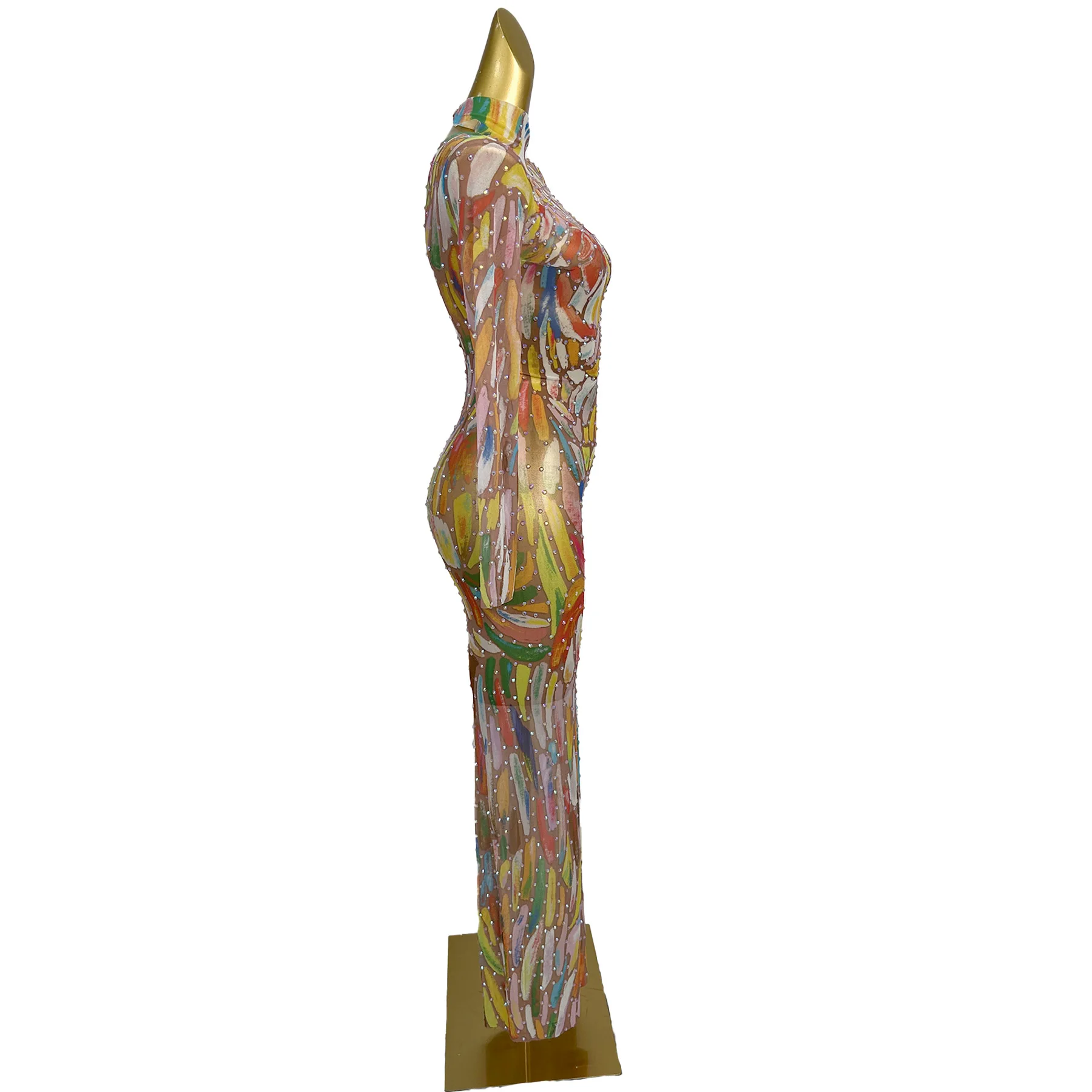 

Youhua Women Long Sleeved Dress Colorful Printed Sexy See Through Mesh Dress Bar Performance Dress Birthday Cocktail Prom Gowns