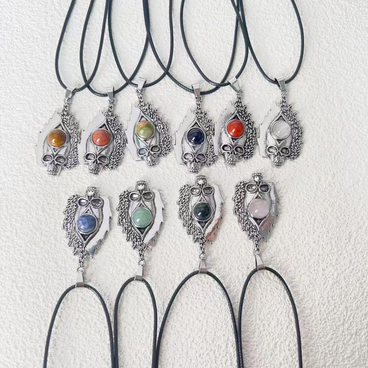 

Skull Leaf Eye Natural Stone Pendants, Gothic Healing Crystal Necklaces for Men Women