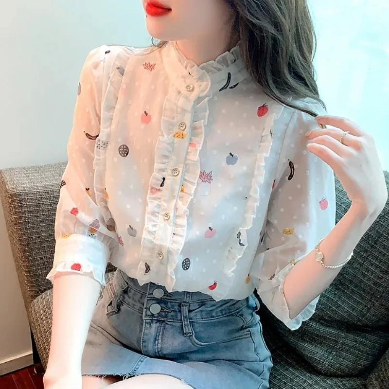 Women\'s Sweet Floral Print Chiffon Blouse, Half Sleeve Tops, Casual Clothes, Edible Tree Fungus Collar, White, Summer, 27476