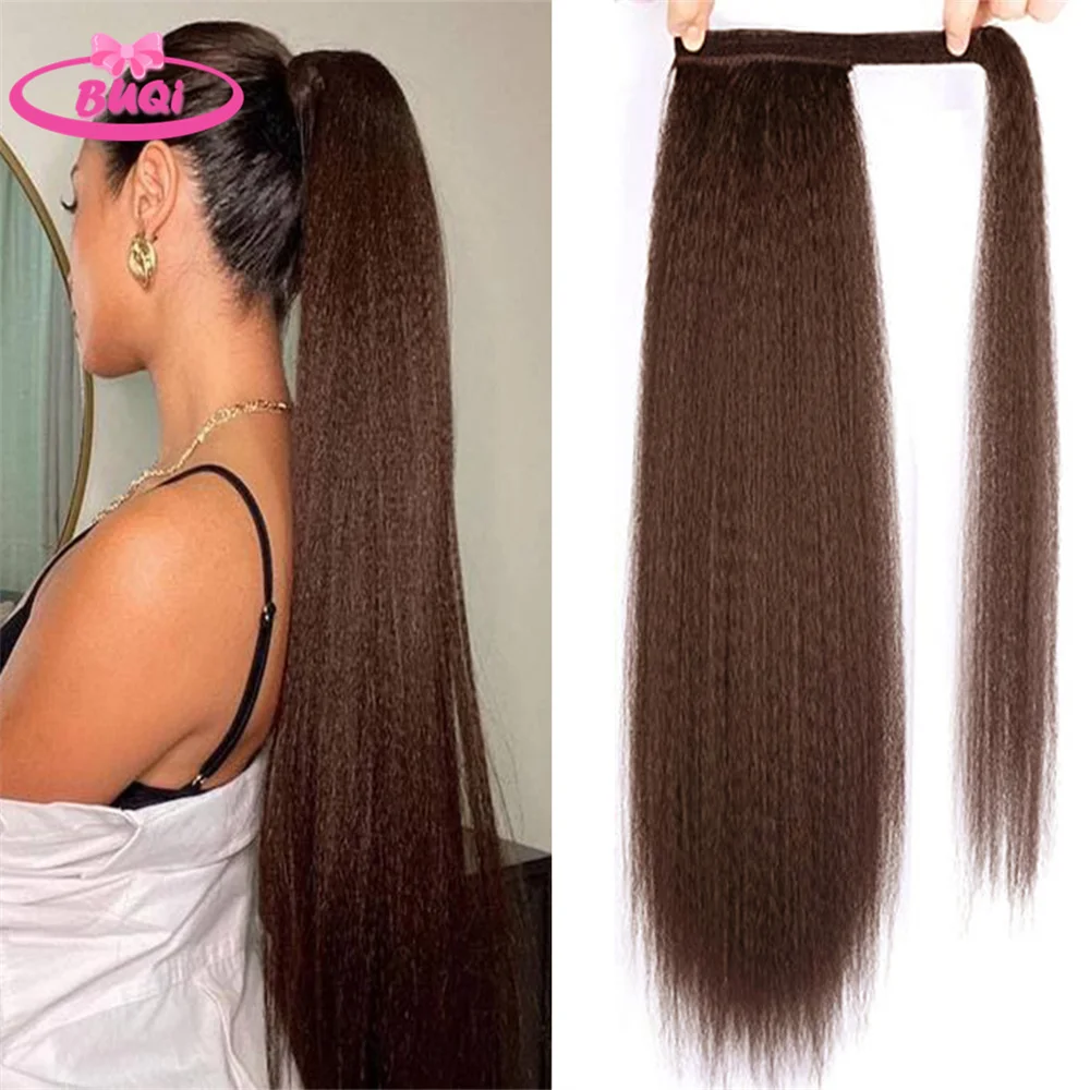 BUQI YAKI Ponytail Hairpiece Wrap Around Magic Paste Ponytail Hair Extensions Long Kinky Straight Synthetic Pony Tail For Women