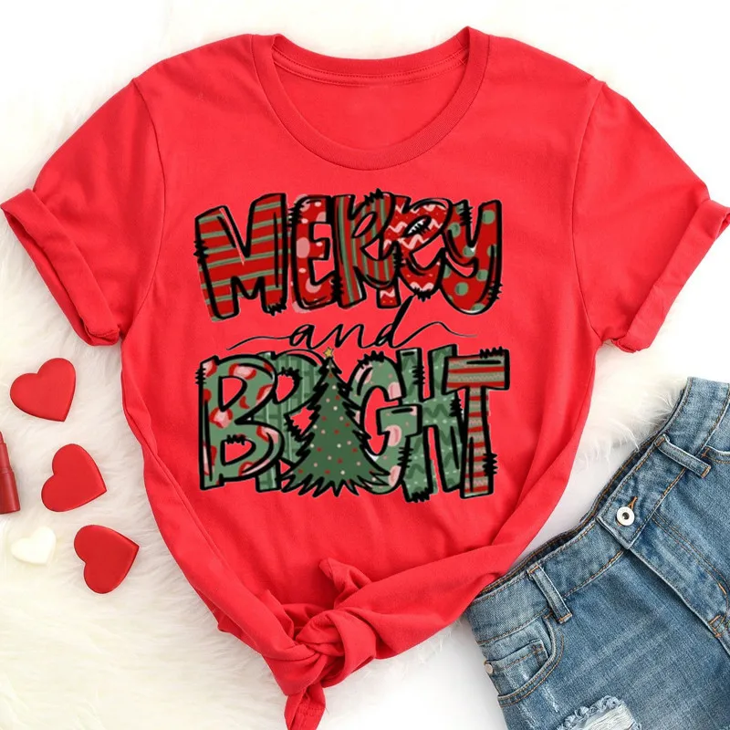 Christmas Womens for Women Women Merry Short Sleeve Top Tees O Neck Fashion Streetwear harajuku Fashion 100%Cotton Drop Shipping