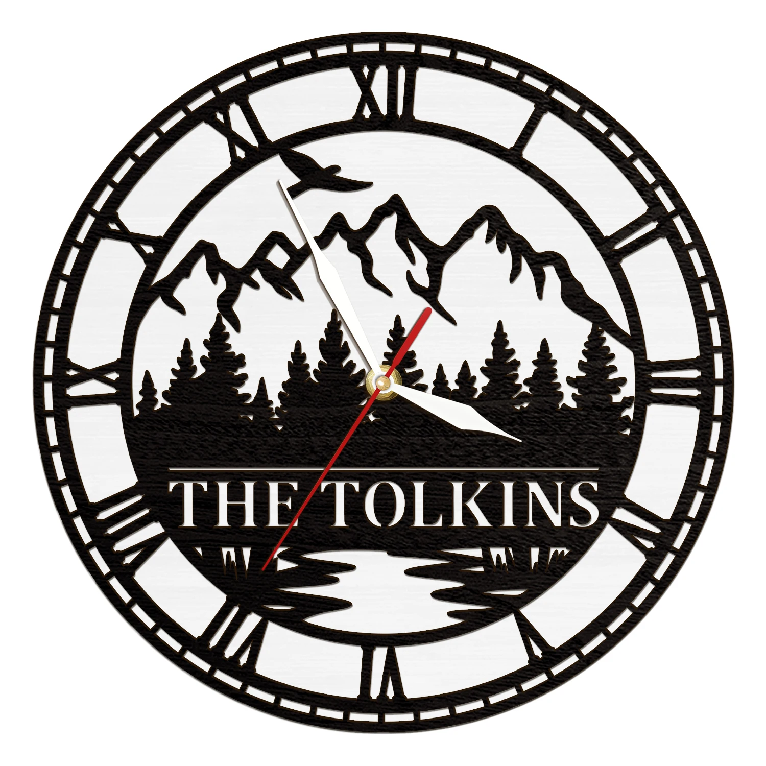 Custom Family Name Wall Clock with LED Backlight Mountain Forest Lake Bird Silhouette Wood Hinge Style Personalized Wall Clock
