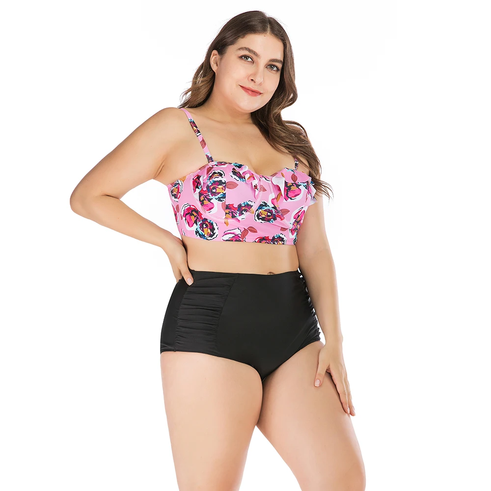 Women\'s Plus Size Bikini Set Pink Girls Swimsuits Ruffle Two Piece Swimwear High Waist Swimsuit for Chubby woman Swim Suit 4XL