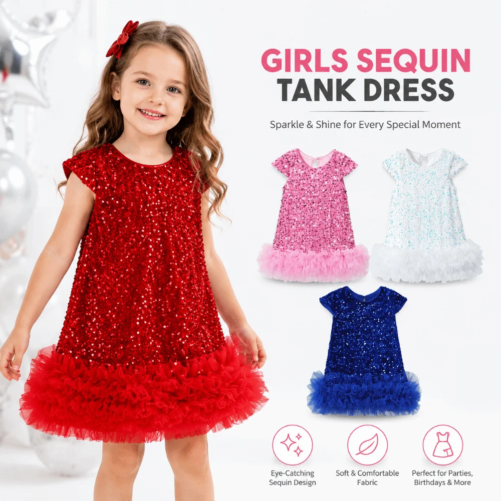 New Short Sleeved Girls Sequined Vest Skirt Fluffy Mesh Sequin Girls Dress Costume Elegant Princess Tutu Dress Halloween view 2
