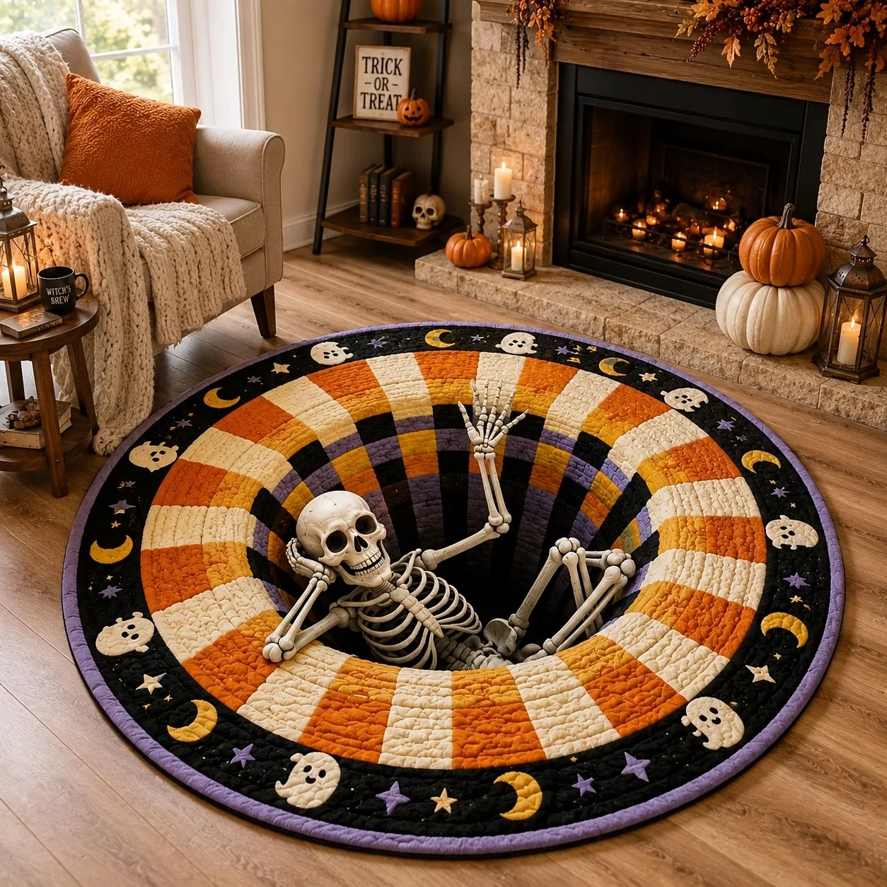 Chilling Skeleton Halloween Area Rug Home Decor Entrance Hallway Sofa Side Bedroom Kitchen Coffee Table Circle Floor Mat