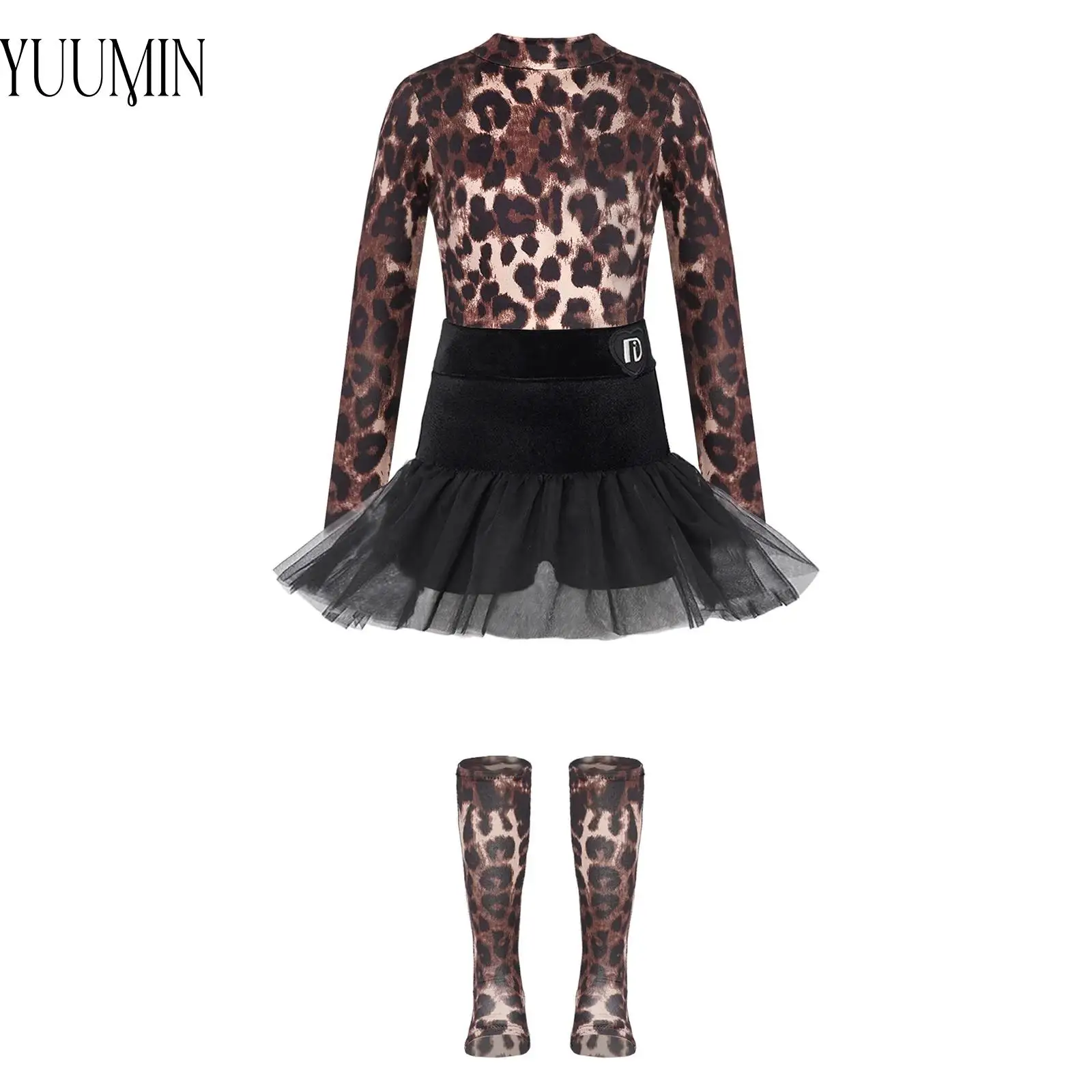 Children Leopard Print V-Back Dance Leotard Long Sleeve Ruffle Skirt Set & Socks for Performance & Contest
