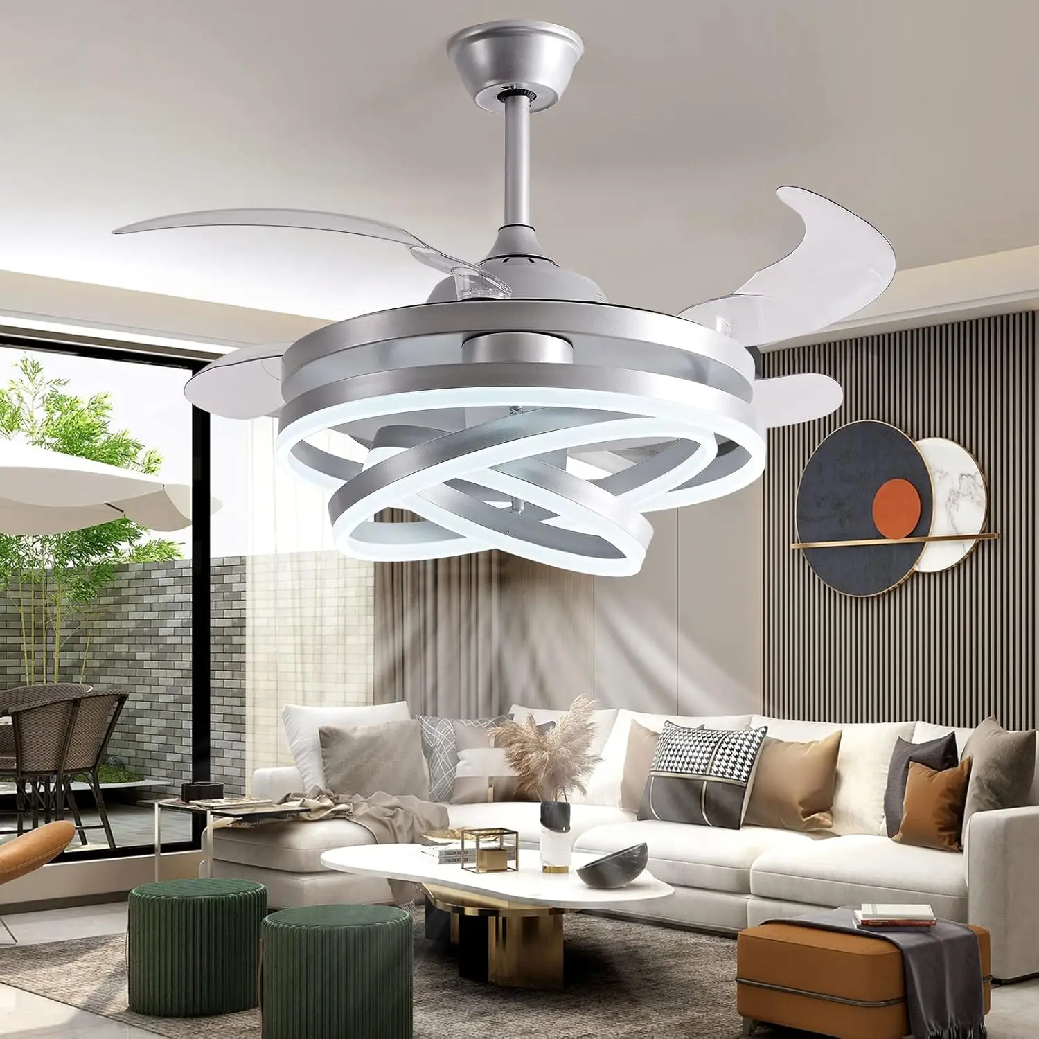 

Современный потолочный вентилятор-люстра со светодиодной подсветкой, пультом дистанционного управления и складными лопастями для декора дома