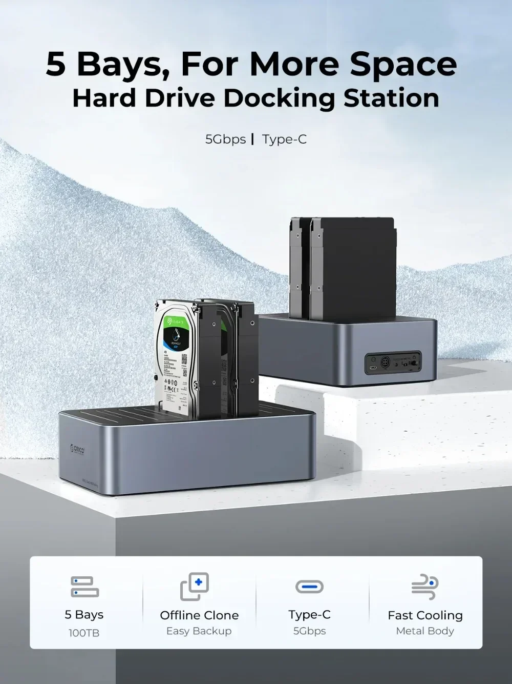 ORICO 2.5/3.5' Hard Drive Docking Station Aluminum SATA To Type-C 5Gbps with Offline Clone Function for 2.5/3.5 inch HDD/SSD Box