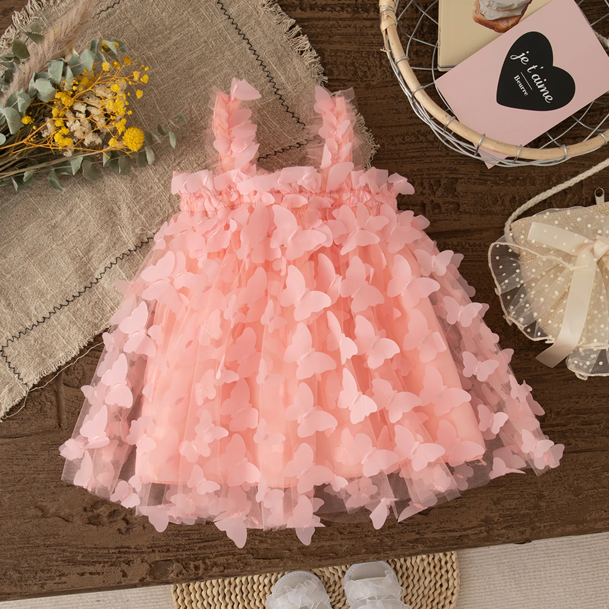 Baby Girl Dress Summer Full Print Butterfly Halter Solid Color Fluffy Girl Kid's Dress Cute Casual Beach Kids' Clothing