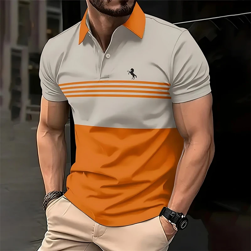 Camisetas Polo con Estampado de Caballo a Rayas Simples para Hombre, Moda de Verano, Manga Corta, Camiseta Polo con Estampado 3D, Camisetas Casuales de Cuello Redondo Extra Grandes