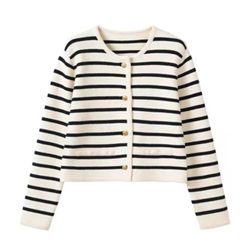 Autumn Striped Women Crop Cardigan Korean Elegant Loose Female Casual Coat Y2K Fashion New Button knitted Ladies Sweater Tops