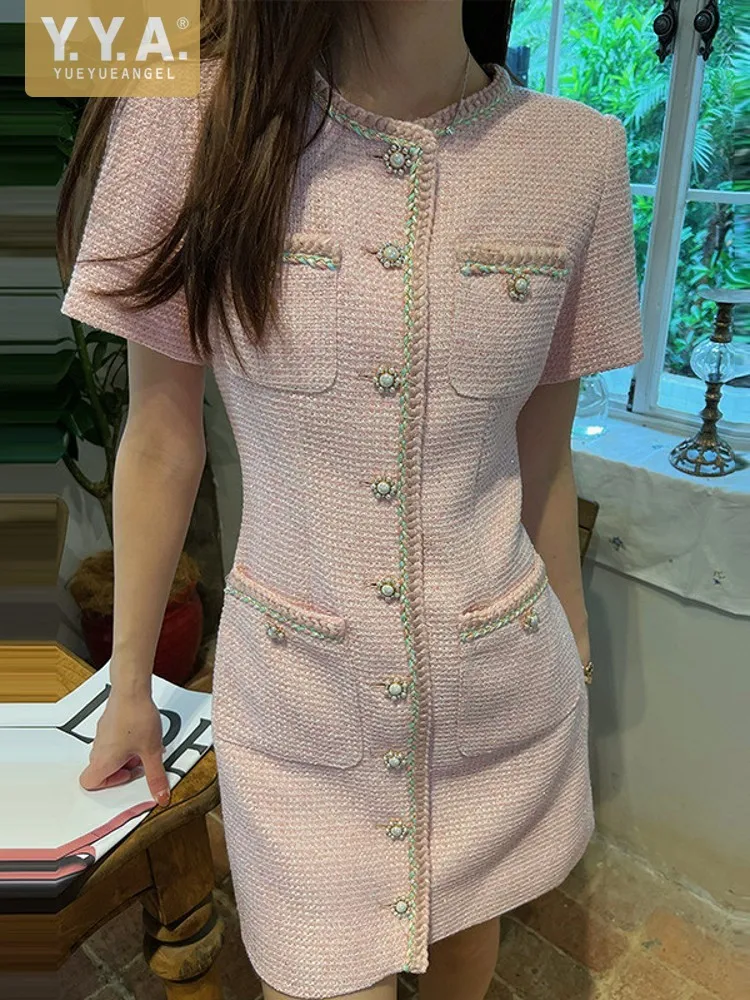 

New Designer Women Short Sleeve Beading Single Breasted Tweed Dress Sweet Ladies Party Slim Fit A Line Mini Wrap Dress Pockets