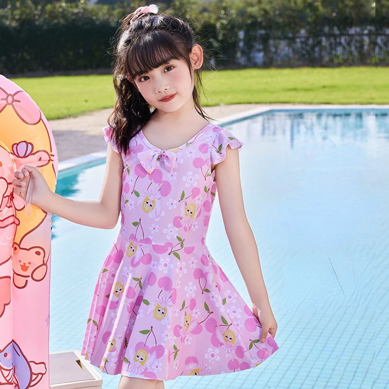 One-piece swimsuit for girls, short-sleeve Princess swimsuit, cute and fresh for children from 4 to 12 years old