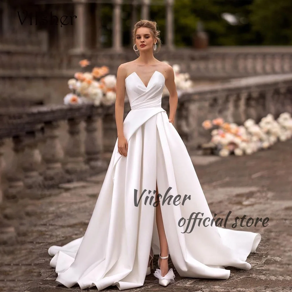 

Viisher Simple Civil Wedding Dresses with Slit Pockets Pleats Satin Sweetheart A Line Bride Dress with Train Beach Wedding Gowns