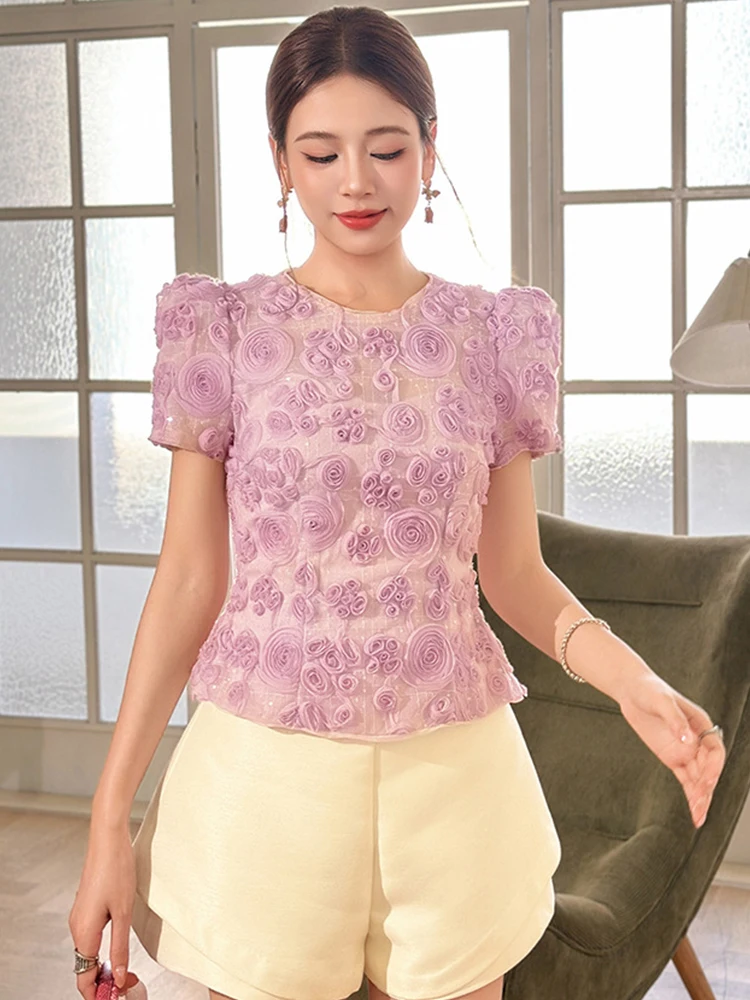 

Женская одежда, милая фиолетовая рубашка с коротким рукавом и цветочным принтом, элегантные женские тонкие короткие топы с круглым вырезом, сетчатая блузка с пышными рукавами, модная летняя одежда