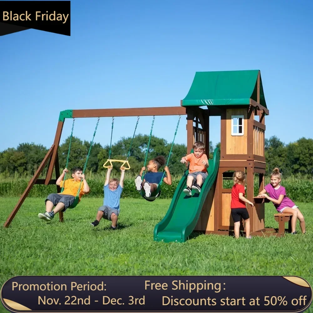 Cedar Wood Swing Set, Covered Upper Deck with White Trim Window, Slide with Rails, Lower Fort Area with Door and Attached Bench