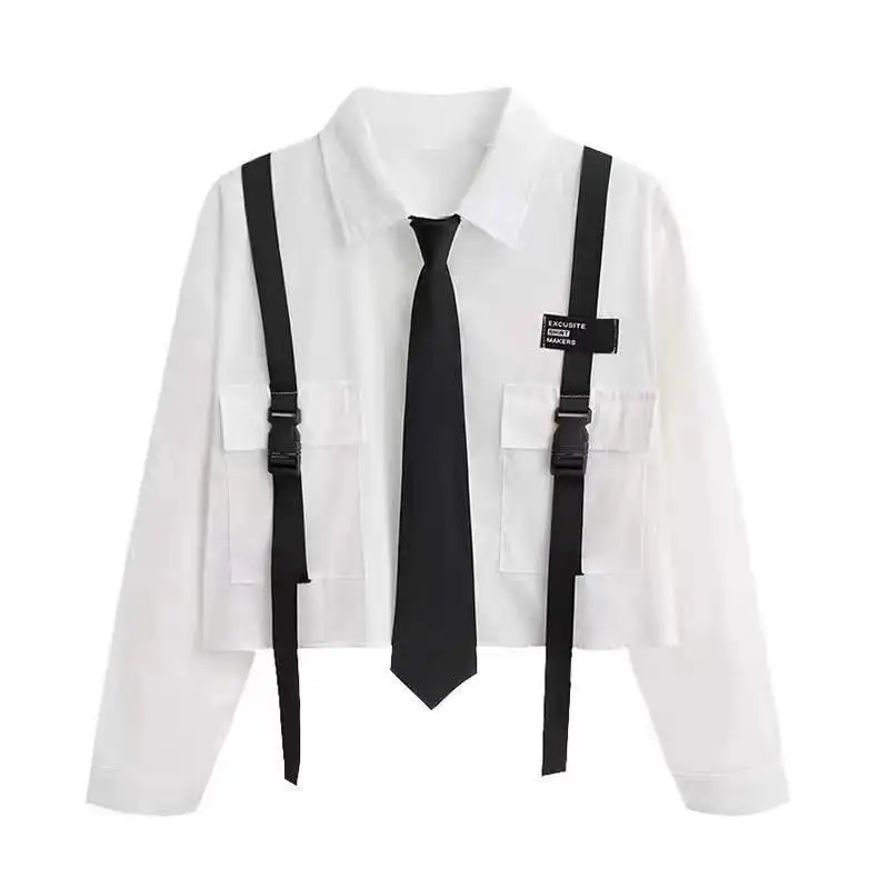 High Street Contrast Patchwork Loose Shirt Tops Long Sleeve Polo Neck Youth Short Casual Blouse Trend Fashion Y2K Women Clothing