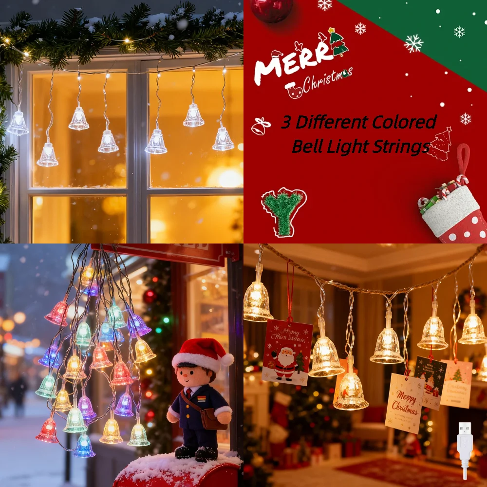 

1 шт., 6 м, 40 светодиодных рождественских колокольчиков, сказочные гирлянды с USB-подсветкой для рождественской елки, вечеринки, свадьбы, украшения дома, спальни