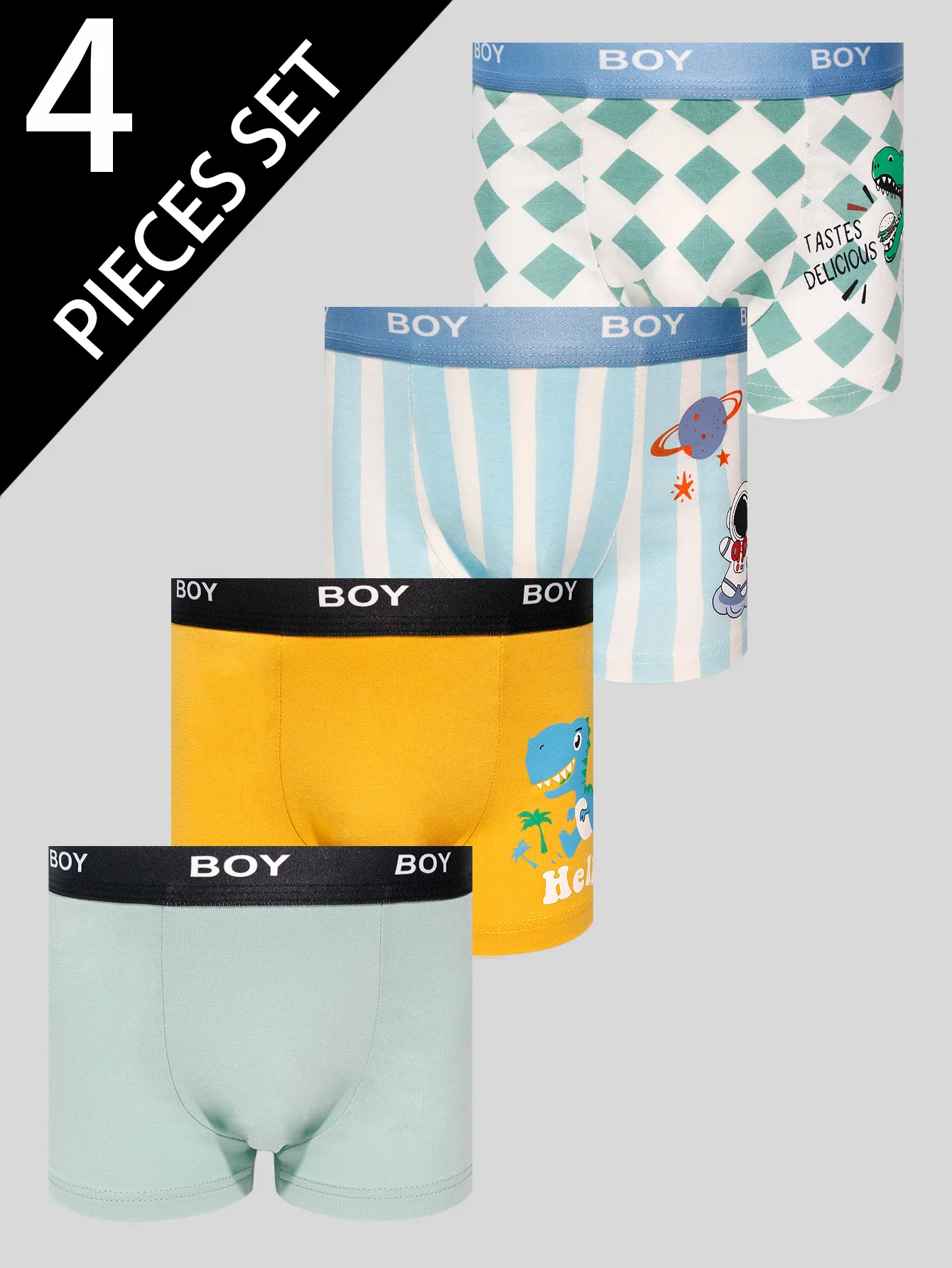 4-Pack Astronaut Dinosaur Cartoon Print Comfortable Breathable Triangle Underwear for Boys 4-7 Years Old Small Animal Motif