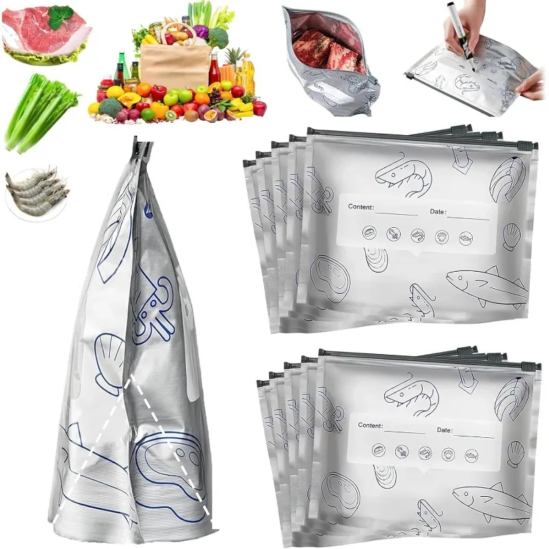 Bolsas de almacenamiento de papel de aluminio reutilizables, bolsa sellable con cierre de cremallera, para conservación de alimentos, verduras, carne, congelador, paquete de cocina, 10 Uds.