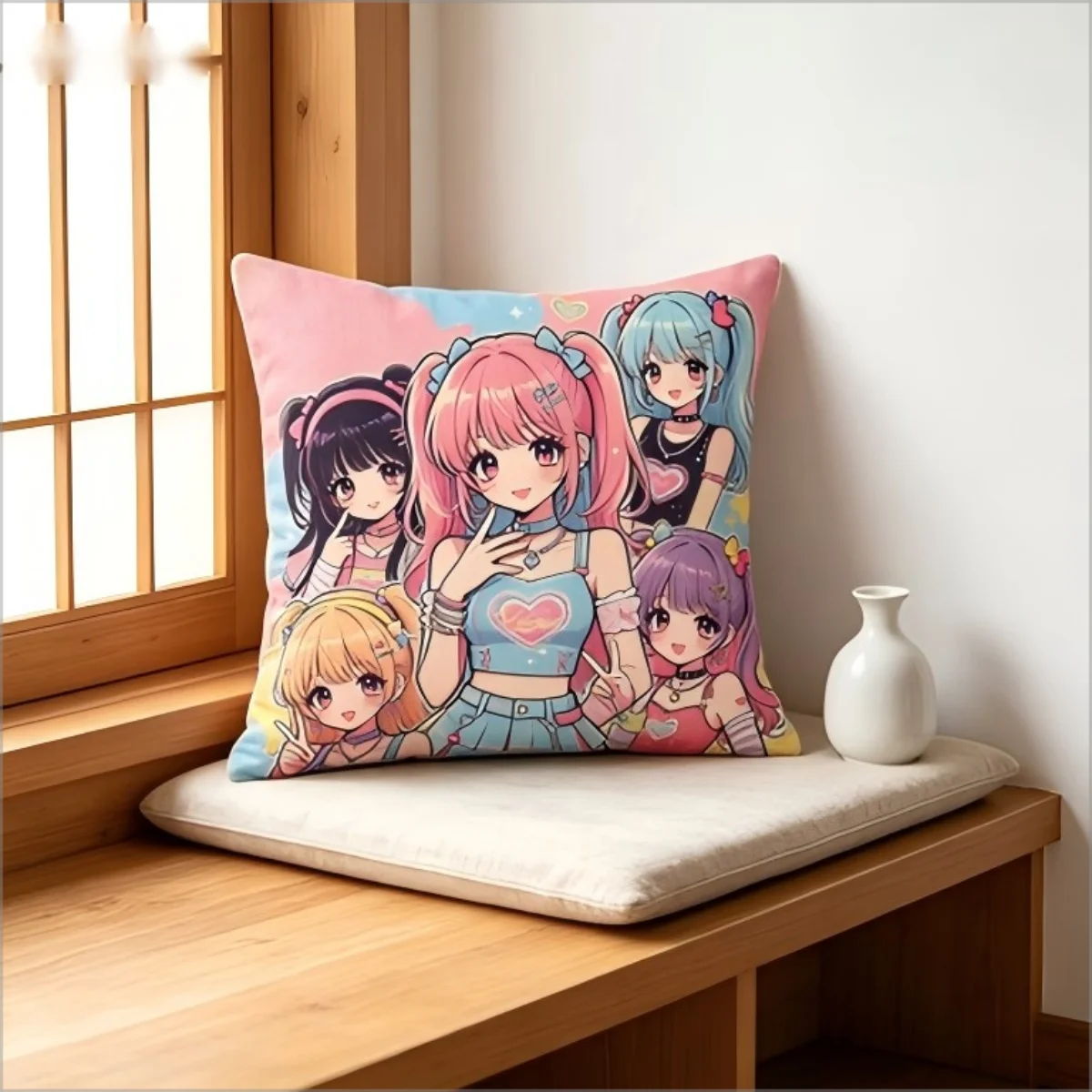 Cute Anime Girl Group Throw Pillow Cover Colorful K-pop Style Y2K Art Decorative Cushion Case for Living Room  Sofa Home Decor