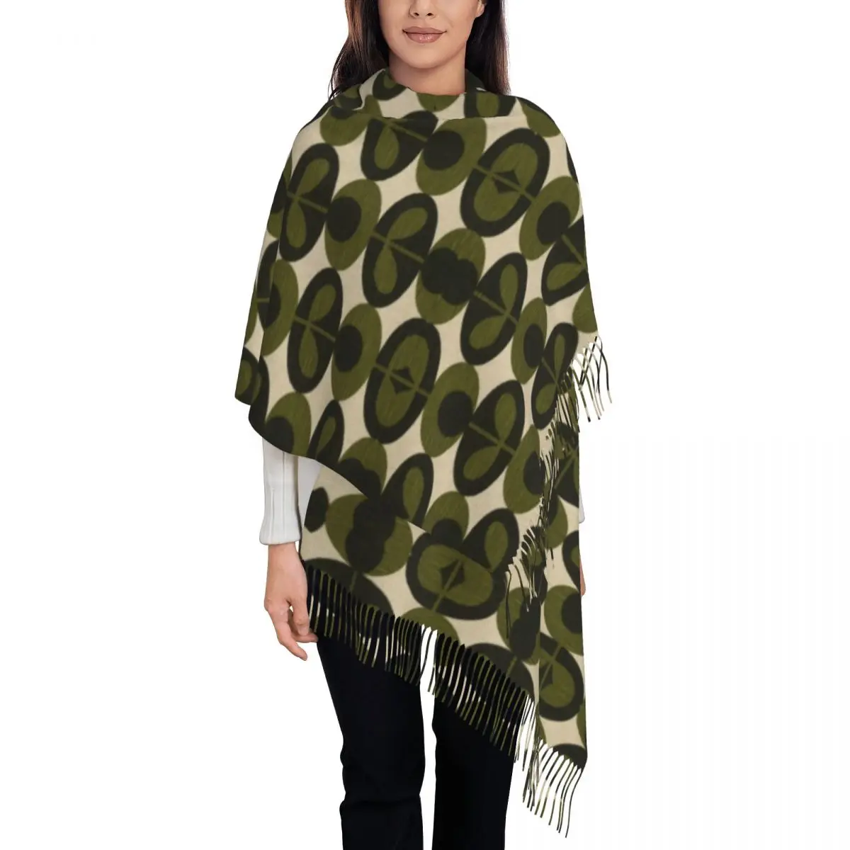 

Female Large Orla Kiely Multi Stem Scarves Women Winter Fall Thick Warm Tassel Shawl Wrap Flowers Mid Century Modern Scarf