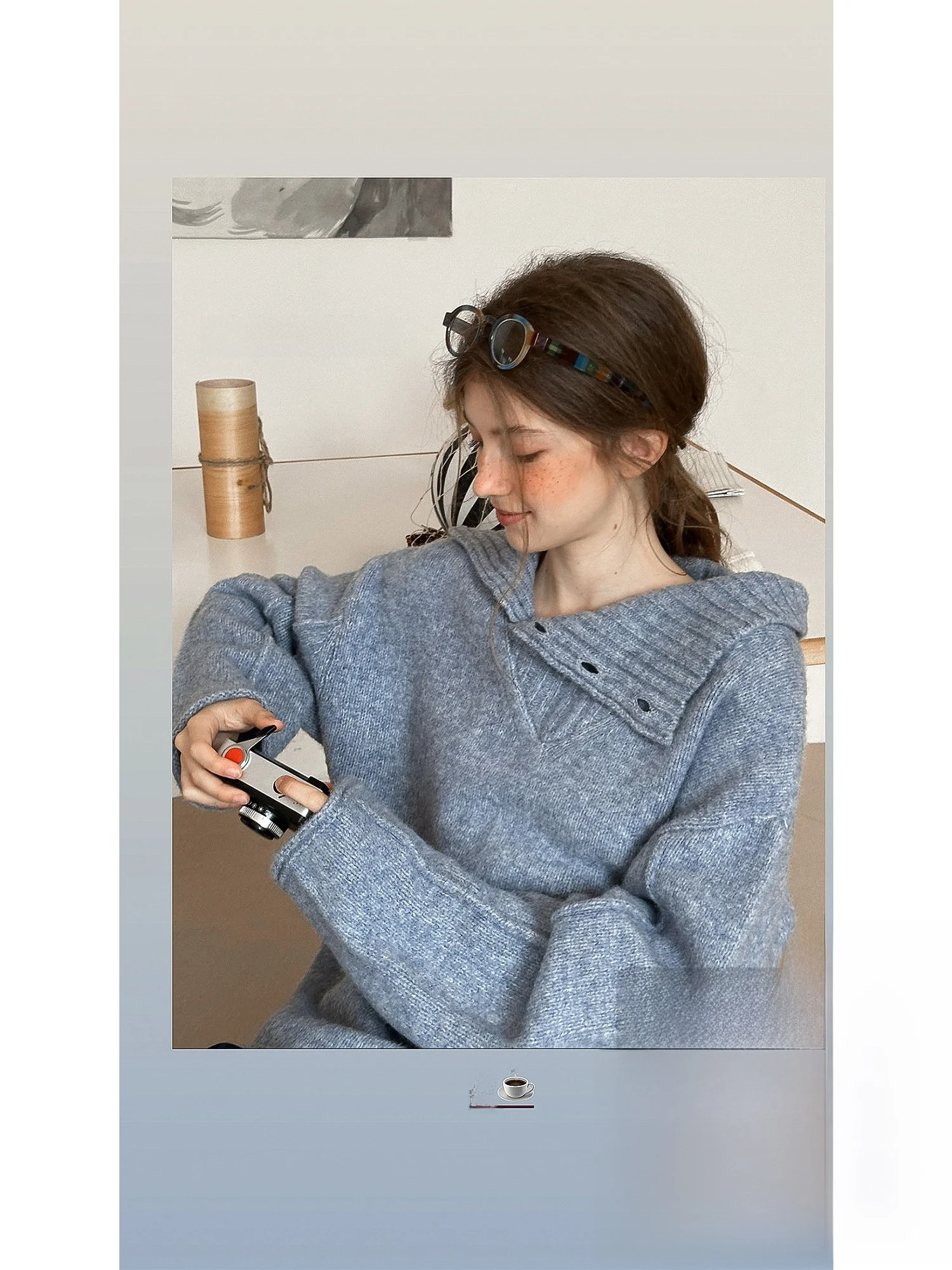 

Romantic Vintage Flip Collar oulder V-Ne Camere Lazy Sweater Women's Loose Fit Long Sve Regular Thin