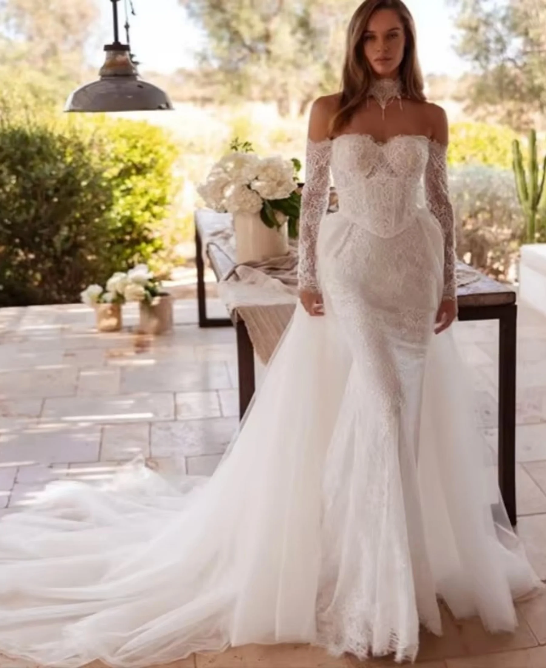 Appliques Wedding Dresses long sleeves mermaid skirt detachable train Lace decal Gowns highendCustomized Vestidos De Noiva