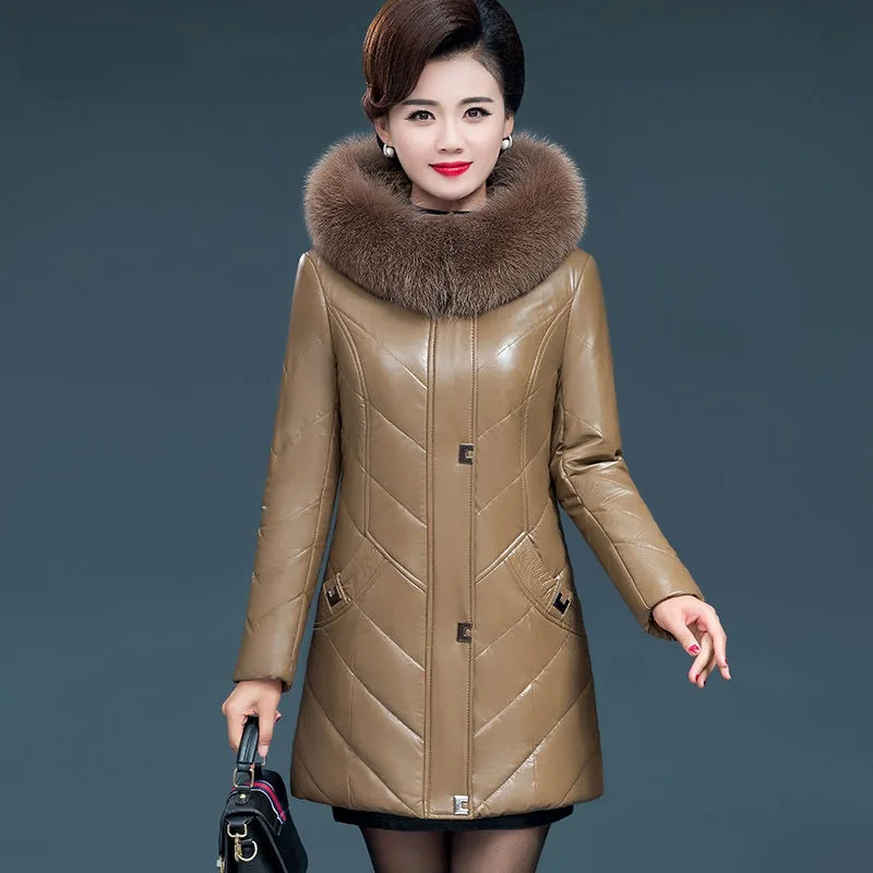 

Leather-like Down Jacket Leather Coat Women Medium Length Slim Fitting Plush Thickened Middle-aged Elderly Overcoat Fur Clothing