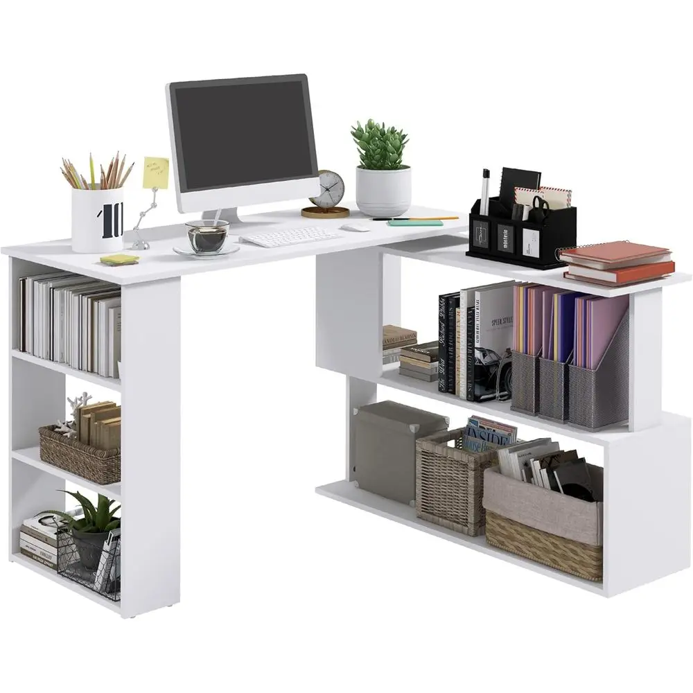 White 47 Inch L-Shaped Desk with 360° Rotation, Storage Shelves, and Writing Workstation for Home Office