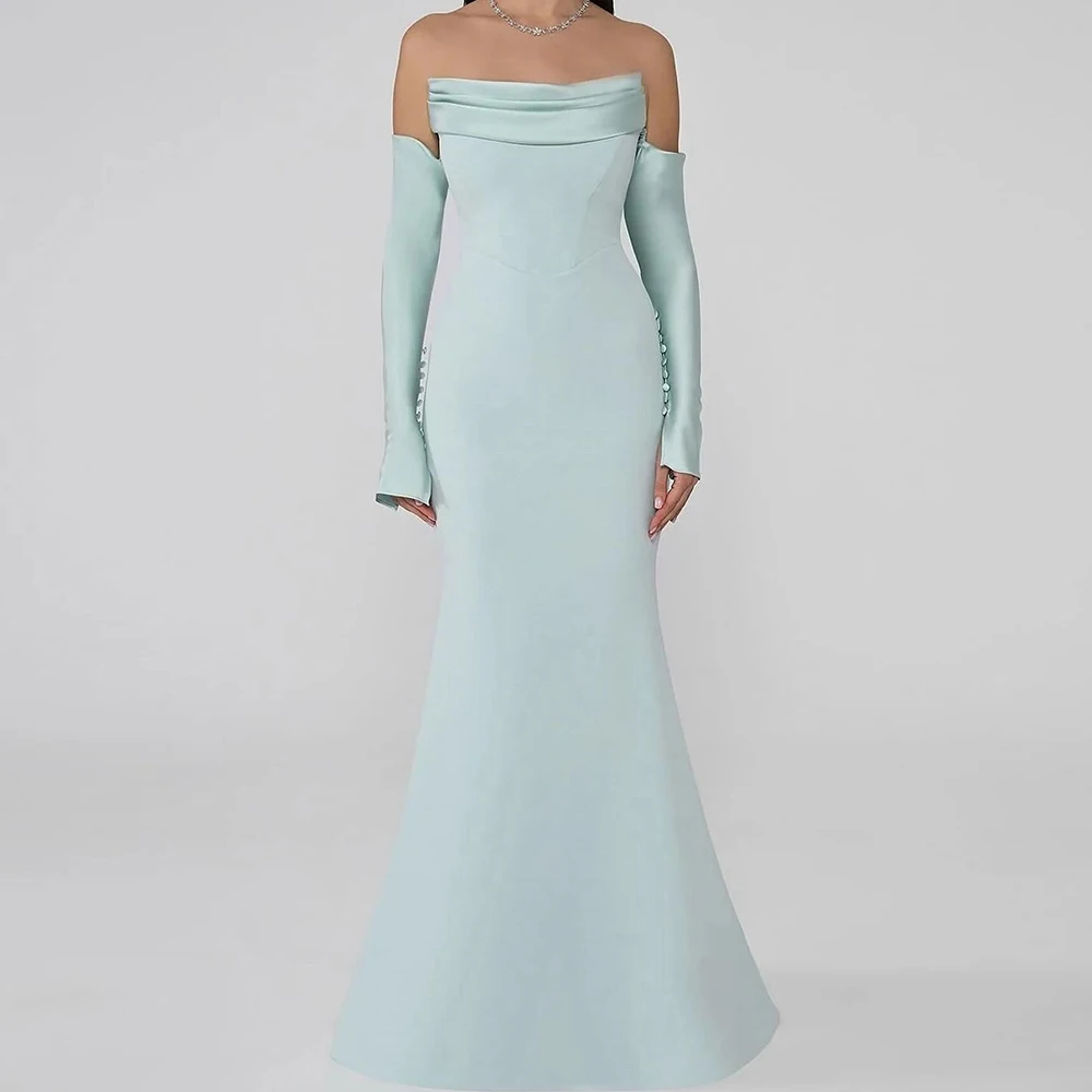 Classic Mermaid Zipper Back Sweep Train Evening Dresses for Special Occasions Strapless Jersey Detachable Long Sleeves Buttons