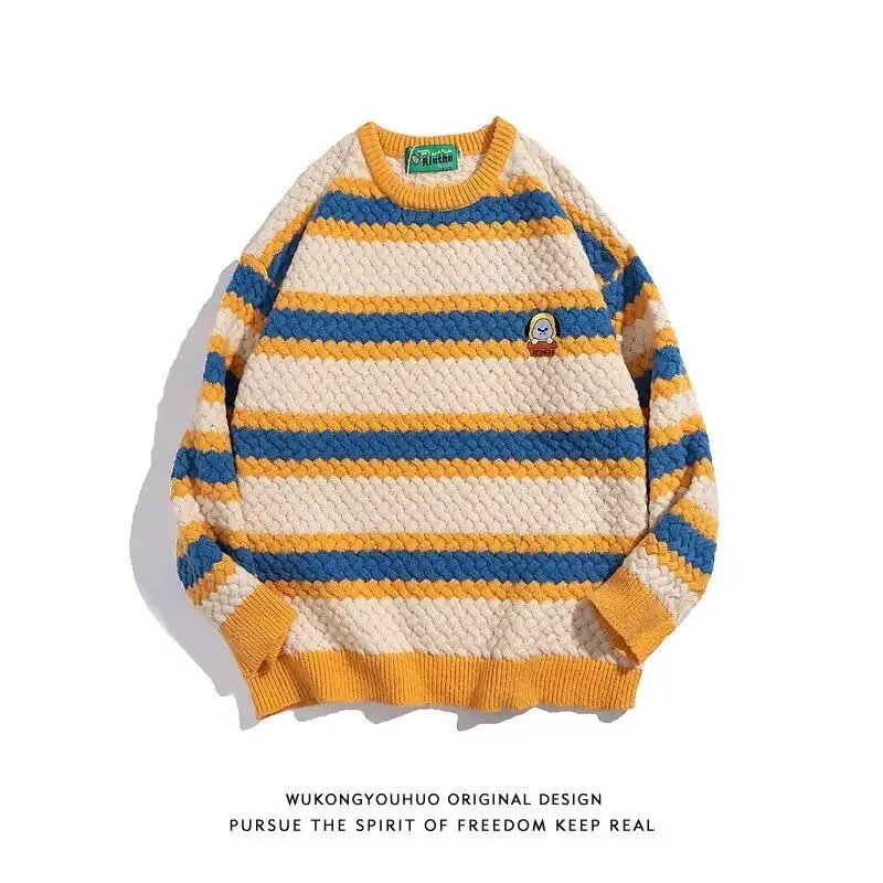 

Вязаный свитер с круглым вырезом в японскую полоску для мужчин и женщин, свободный и ленивый универсальный и повседневный свитер для пар