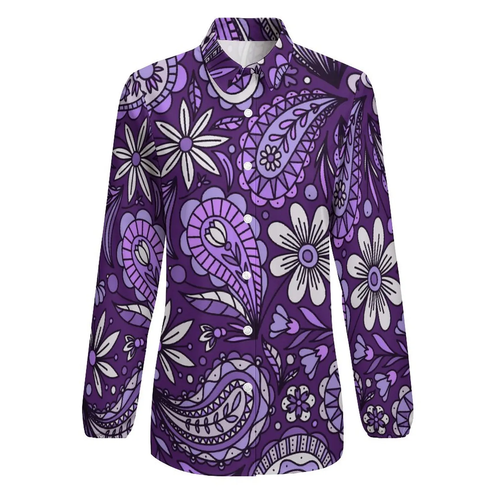 Boho Paisley Blouse White And Purple Vintage Graphic Blouses Womens Long-Sleeve Casual Shirt Spring Oversized Clothes