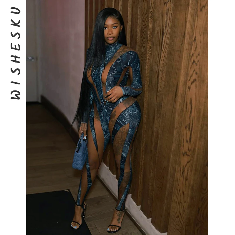 

Casual Patchwork Bodycon Jumpsuit for Women Fashion Long Sleeves O-Neck Slim One Piece Rompers Outfits High Streetwear