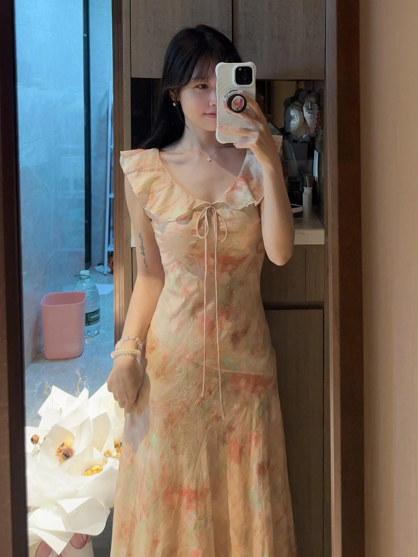 2025년 여름 여성용 부드러운 플로럴 프린트 닥터 롱 A라인 스커트 또는 Sve 하이웨이스트 V넥 캐주얼 스윗 슬레 Kming 브랜드