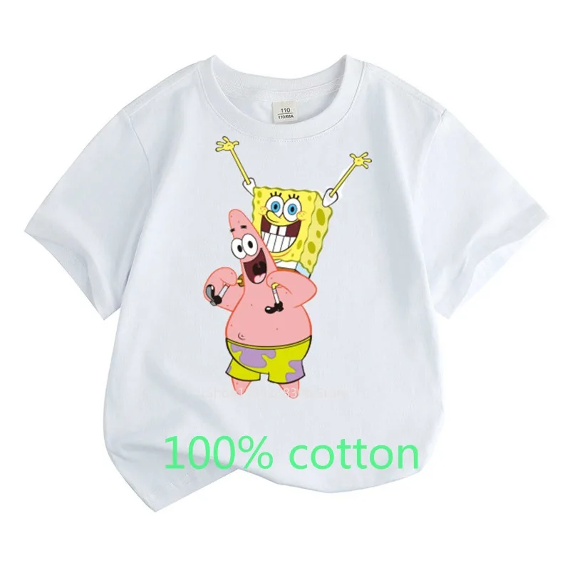 SpongeBob and Patrick 100% Cotton T-shirt Summer Fashion Children Clothes Boys Girls Kids Top Toddler Round Neck Short-sleeved