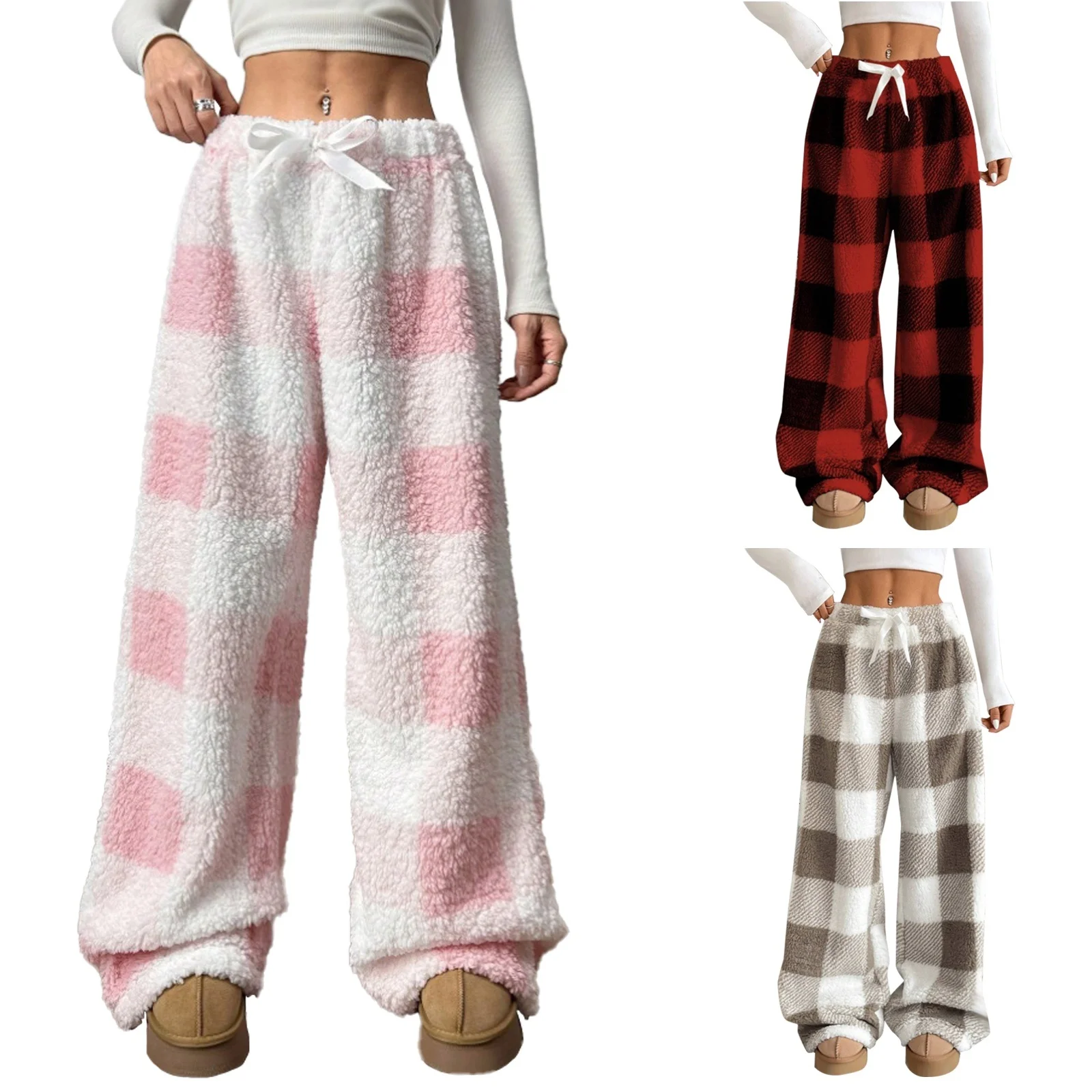 

Женские модные осенне-зимние утепленные свободные эластичные длинные брюки в клетку с эластичным шнурком, удобные повседневные брюки