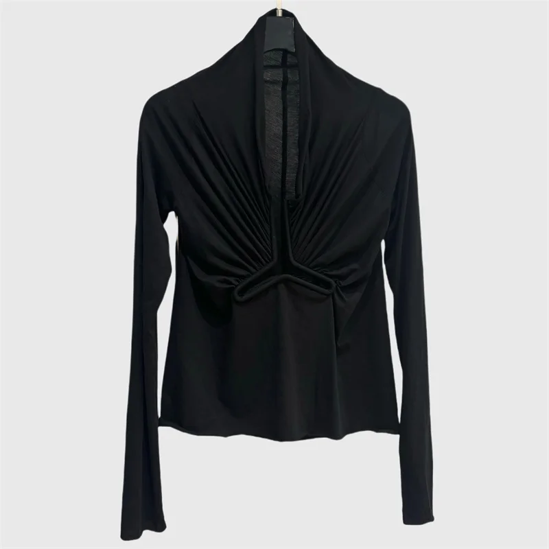

Women's t-shirt New elastic knitted slim fit long sleeved top for autumn 2025 Geometric hollow pullover y2k Women's tight corset