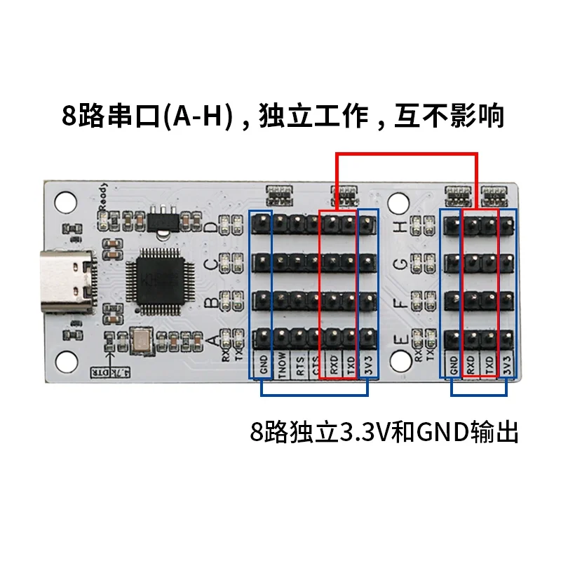 USB to 8-way TTL serial port module CH348 controls Type-C interface independently