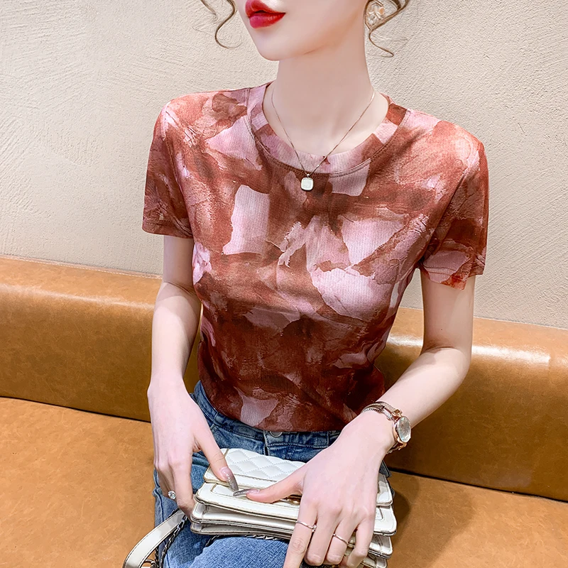 2023 New Summer Korean Clothes Mesh T-Shirt Fashion Sexy Print Smudge Brush Women Tops Short Sleeve Casual All Match Tees 33083