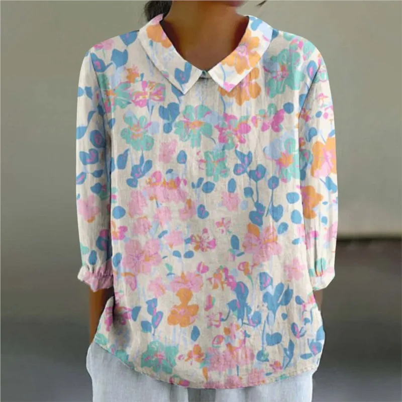 Autumn Vintage Floral Pattern Printed Long Sleeve Linen Shirt Women\'s Doll Neck Loose Casual Cotton And Linen Shirts Tops 2024