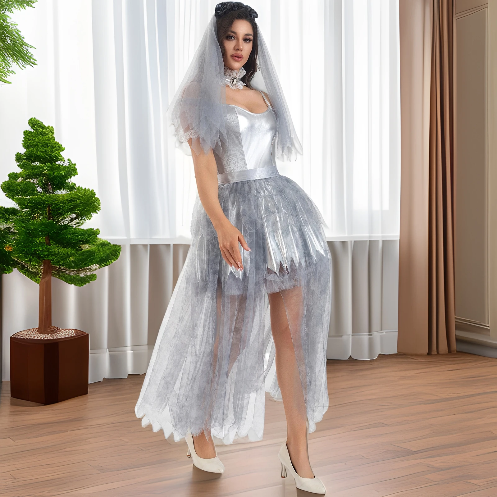 زي زفاف مصاص الدماء للهالوين للنساء، فستان شبكي بأكمام قصيرة وكتف بارد وطبقات من التول مع حجاب ووشاح #5