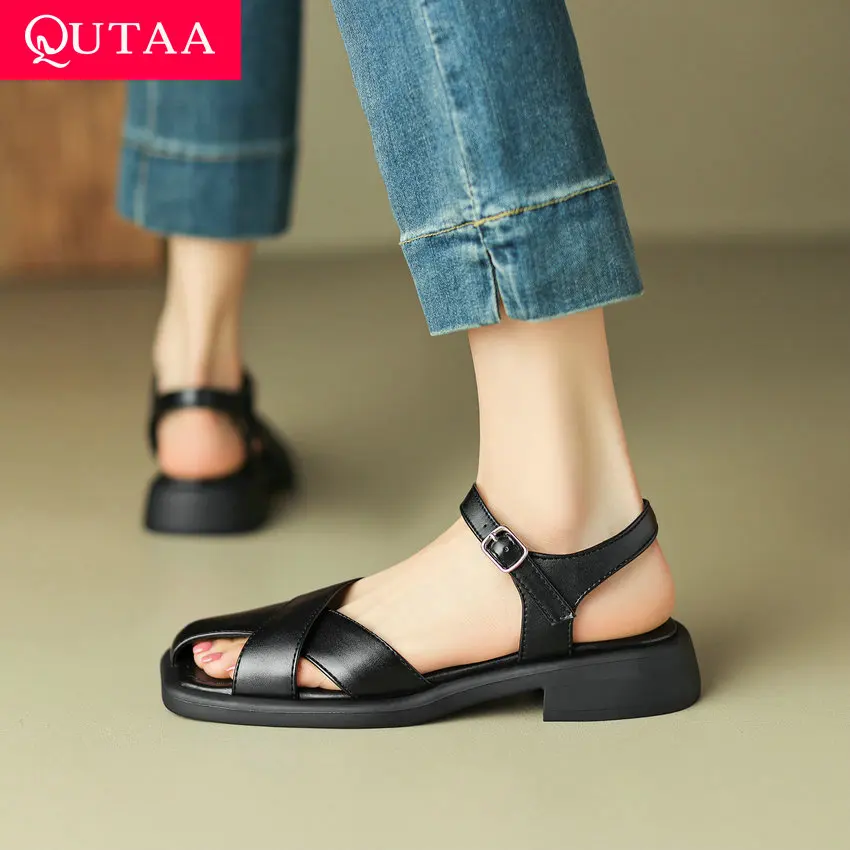 QUTAA 2023 Microfiber Women Sandals Square Low Heel Summer Pumps Office Lady Party Shoes Woman Ankle Strap Size 34-43