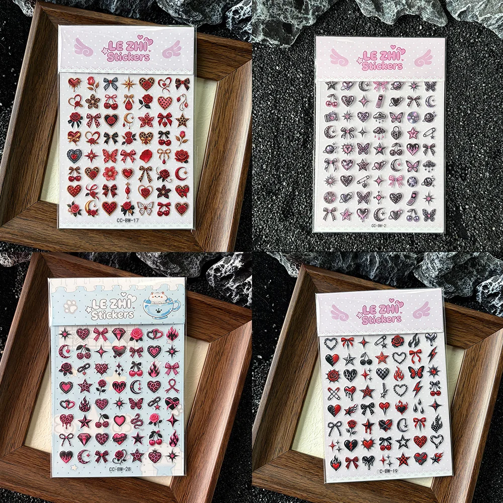 Y2K Leopard Heart Stickers Chrome Blue Bow Cherry Flame Star Retro Rainbow Self Adhesive Journal Scrapbook Punk Decoration