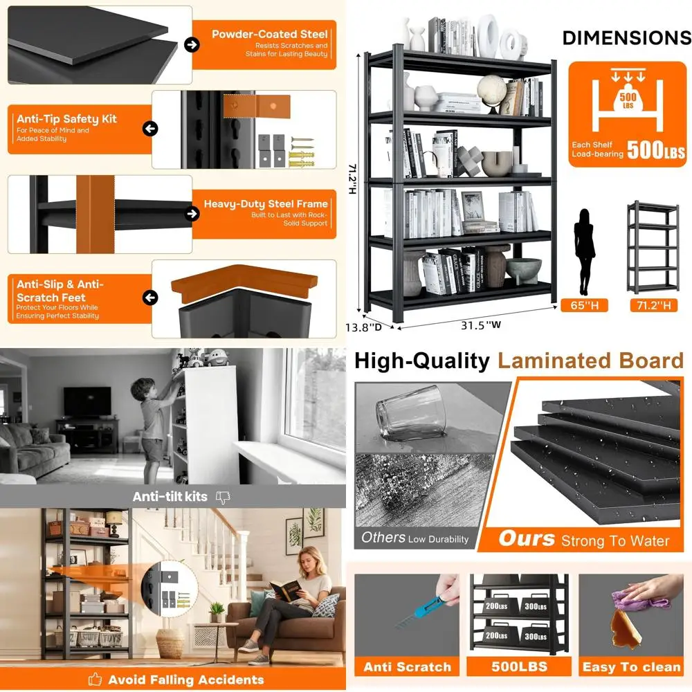 

Прочная 5-ярусная металлическая книжная полка, регулируемая, 71В x 31Ш x 14Г, идеально подходит для дома и офиса, черная.