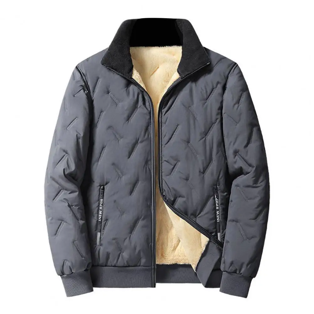 Chaqueta cálida de invierno para hombre, abrigo con solapa de líneas en relieve, bolsillos con cremallera, dobladillo elástico, forro de felpa, estilo cálido en relieve