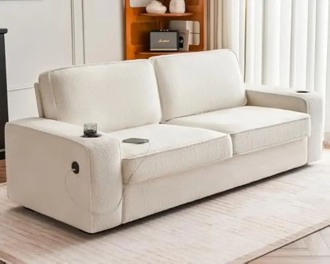 Comfy Couch, 89 inch Deep Seat Sofa with USB Charging Ports, Modern Sofa Couch- Offwhite Bouclé Couch for Living Room